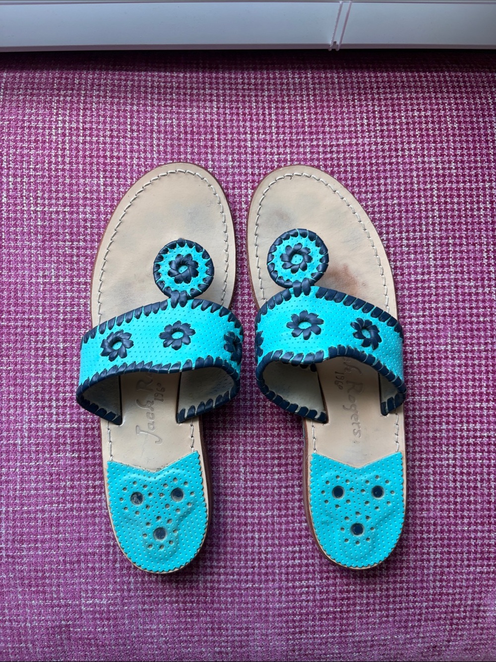 Jack Rogers Women's Turquoise Floral Leather Slide Sandals